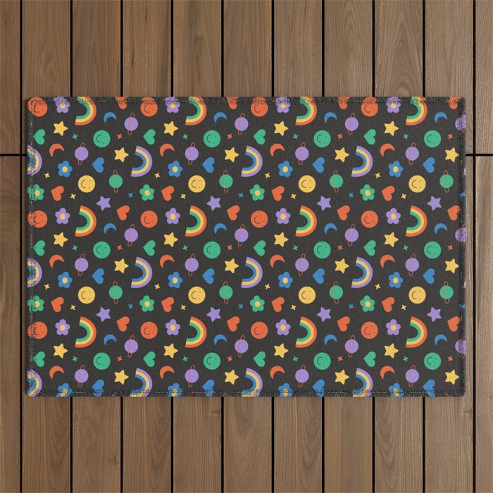 Funny retro cartoon doodle sticker pattern Outdoor Rug Gallery Image 1