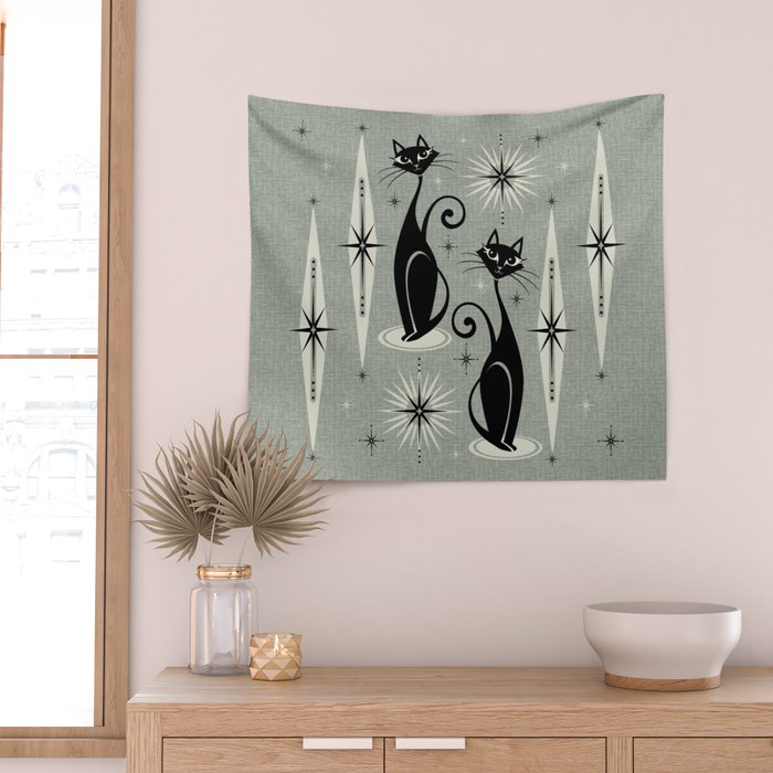 Mid Century Meow Retro Atomic Cats - Gray Wall Tapestry Gallery Image 2