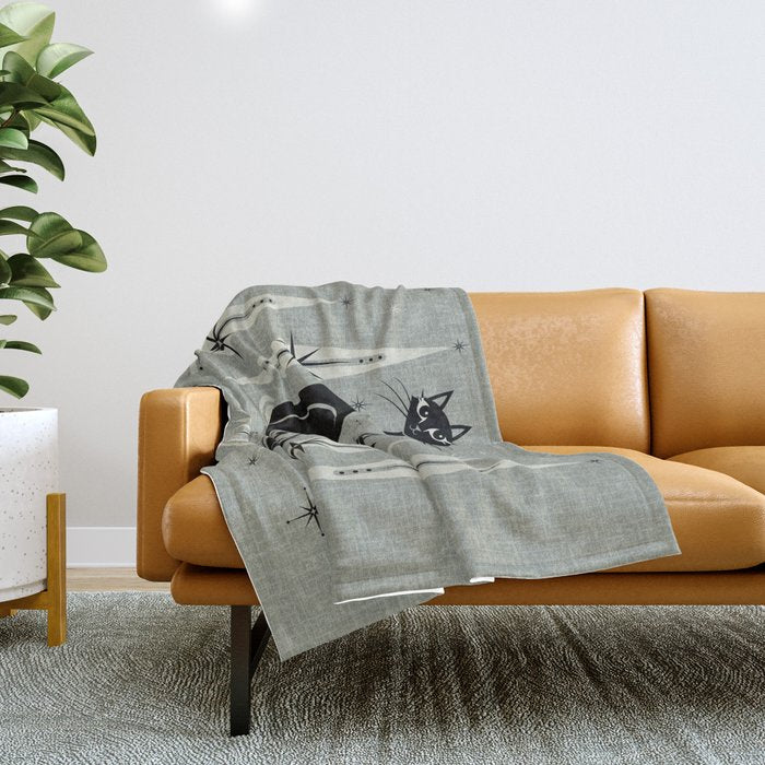 Mid Century Meow Retro Atomic Cats - Gray Throw Blanket Gallery Image 1