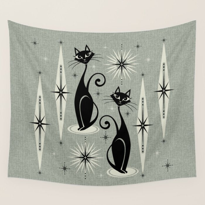 Mid Century Meow Retro Atomic Cats - Gray Wall Tapestry Gallery Image 1