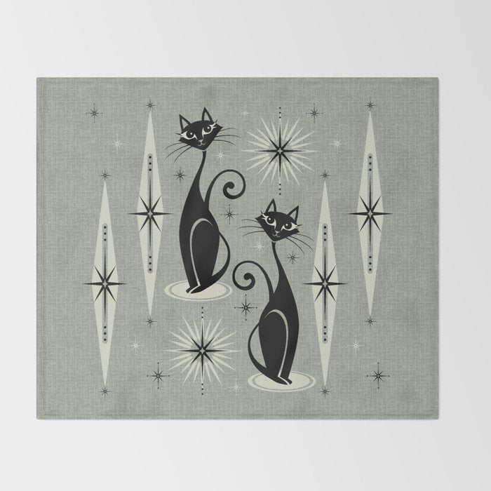 Mid Century Meow Retro Atomic Cats - Gray Throw Blanket Gallery Image 2