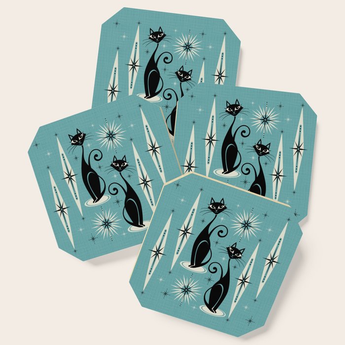 Mid Century Meow Retro Atomic Cats on Blue Coaster Gallery Image 1