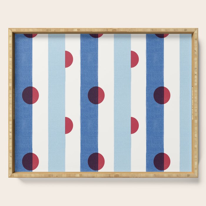 Handcrafted Blue Stripes and Red Dots Pattern Serving Tray Gallery Image 1