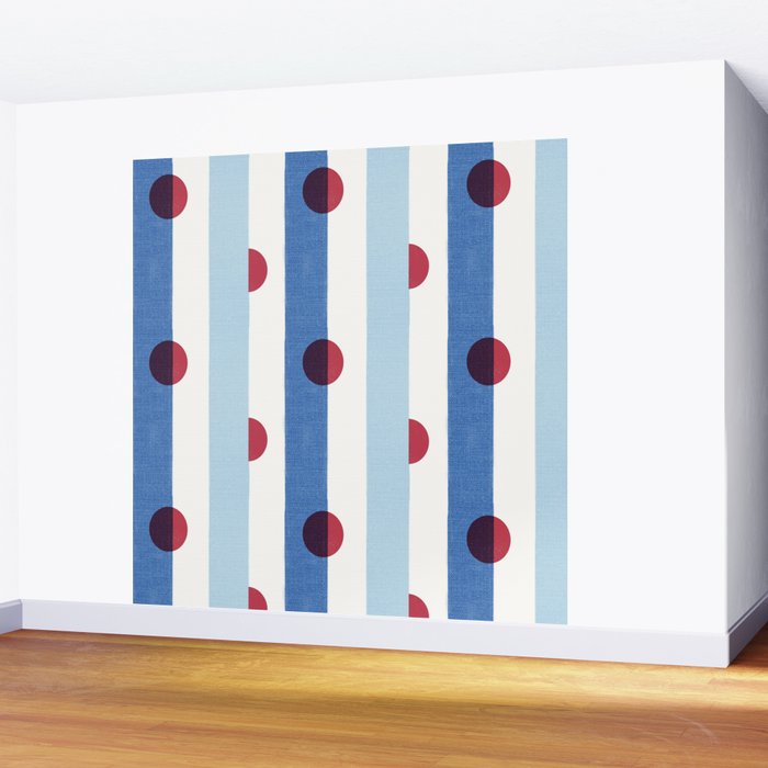 Handcrafted Blue Stripes and Red Dots Pattern Wall Mural Gallery Image 2