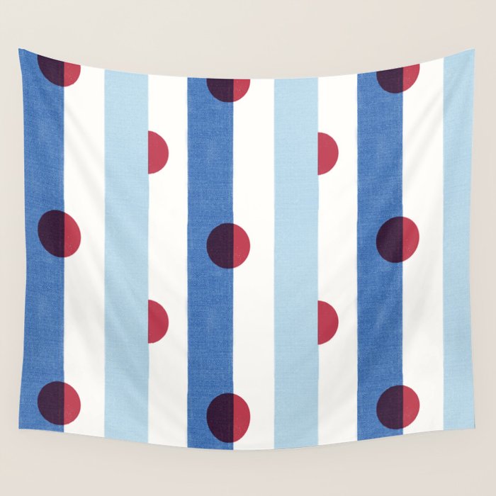 Handcrafted Blue Stripes and Red Dots Pattern Wall Tapestry Gallery Image 4
