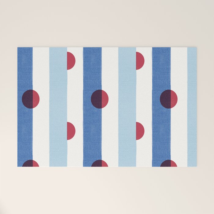 Handcrafted Blue Stripes and Red Dots Pattern Welcome Mat Gallery Image 1