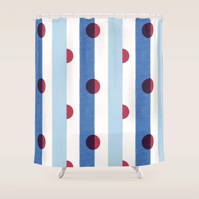 Handcrafted Blue Stripes and Red Dots Pattern Shower Curtain Gallery Image 1