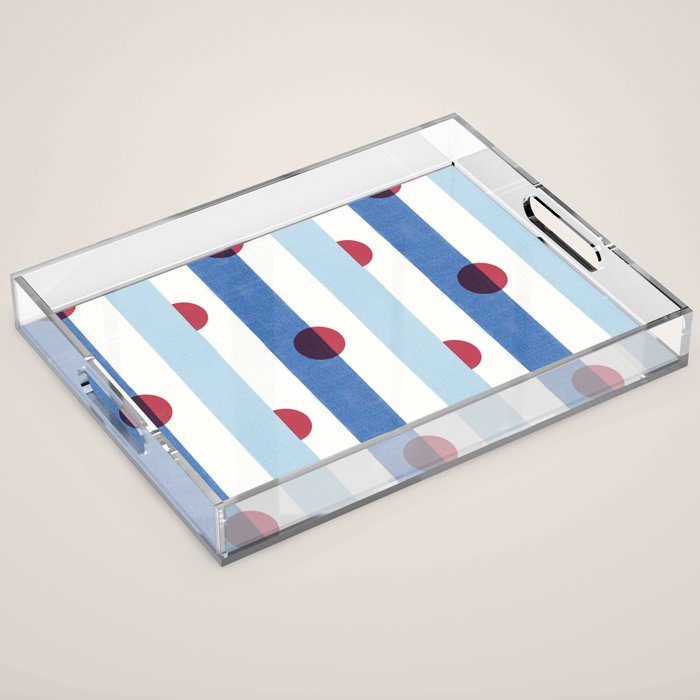 Handcrafted Blue Stripes and Red Dots Pattern Acrylic Tray Gallery Image 1