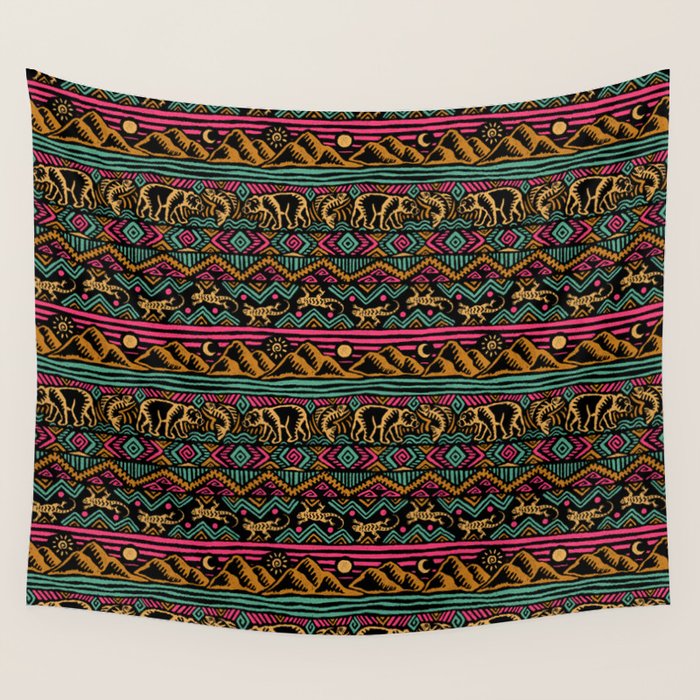 Mangatsika Mountain Stripe - Gold, pink, and teal Wall Tapestry Gallery Image 4