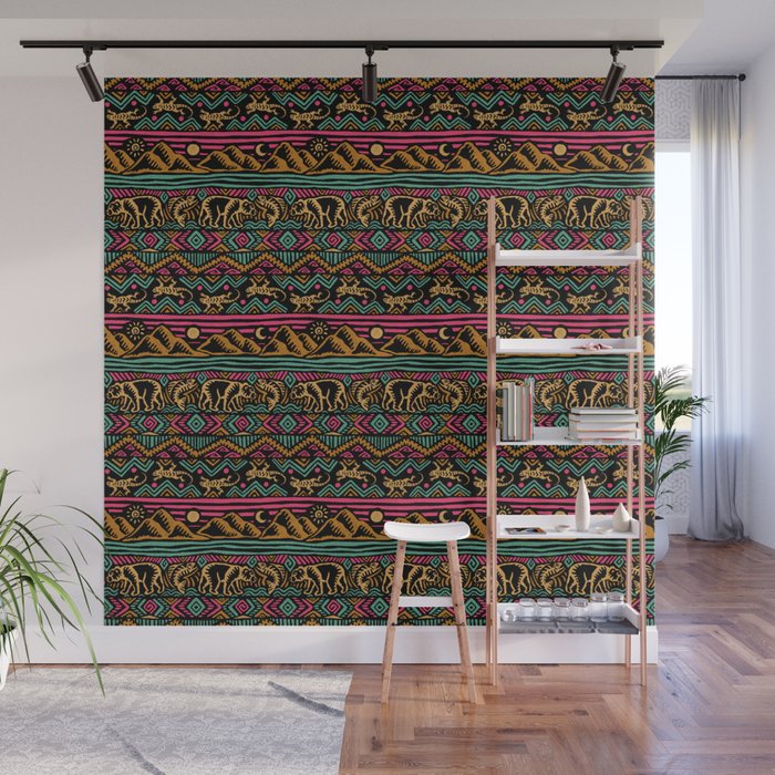 Mangatsika Mountain Stripe - Gold, pink, and teal Wall Mural Gallery Image 1