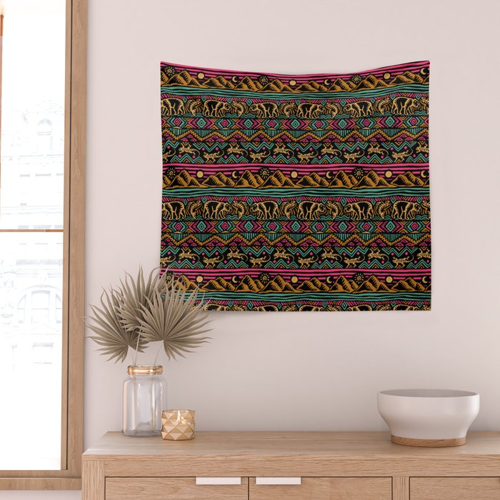 Mangatsika Mountain Stripe - Gold, pink, and teal Wall Tapestry Gallery Image 2