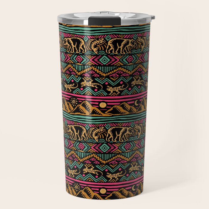 Mangatsika Mountain Stripe - Gold, pink, and teal Travel Mug Gallery Image 1