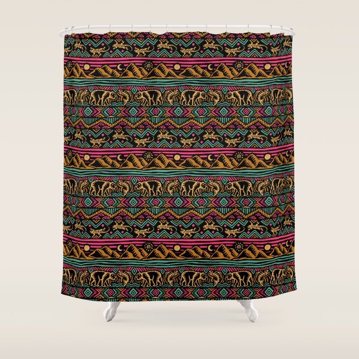 Mangatsika Mountain Stripe - Gold, pink, and teal Shower Curtain Gallery Image 1