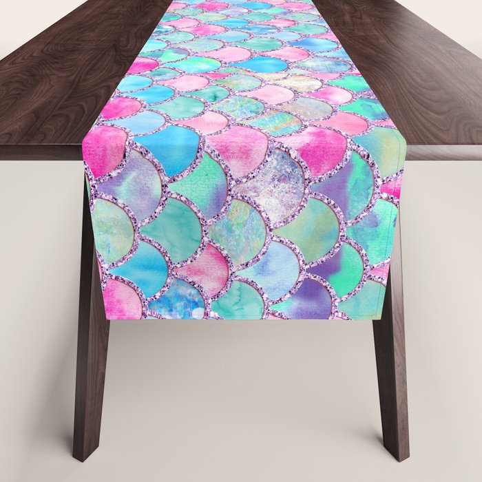 Colorful Pink and Blue Watercolor Trendy Glitter Mermaid Scales  Table Runner Gallery Image 1