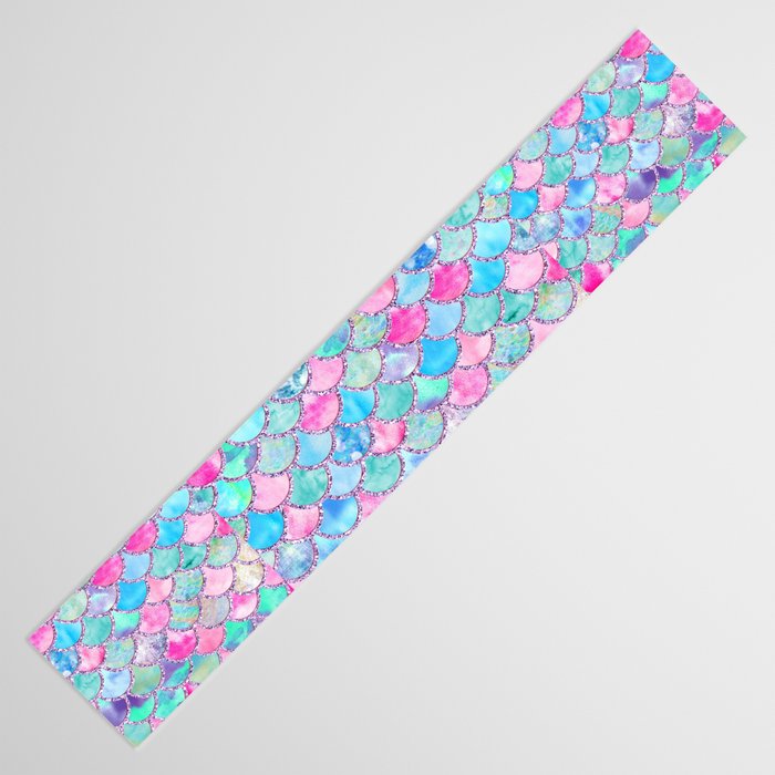 Colorful Pink and Blue Watercolor Trendy Glitter Mermaid Scales  Table Runner Gallery Image 3
