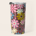 Groovy Retro Garden 60s 70s Eclectic Floral Pattern on Brown Travel Mug Gallery Image 3