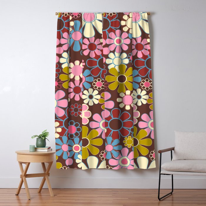 Groovy Retro Garden 60s 70s Eclectic Floral Pattern on Brown Window Curtain Gallery Image 5