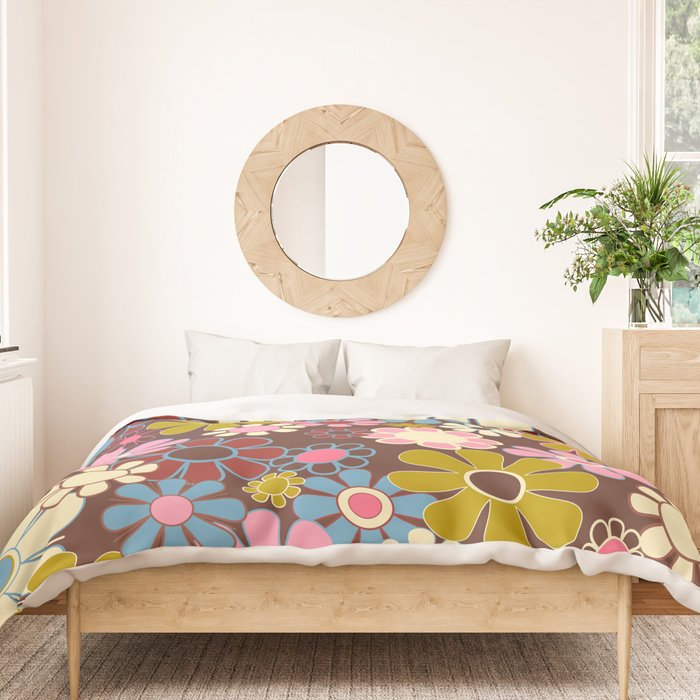 Groovy Retro Garden 60s 70s Eclectic Floral Pattern on Brown Duvet Cover Gallery Image 3