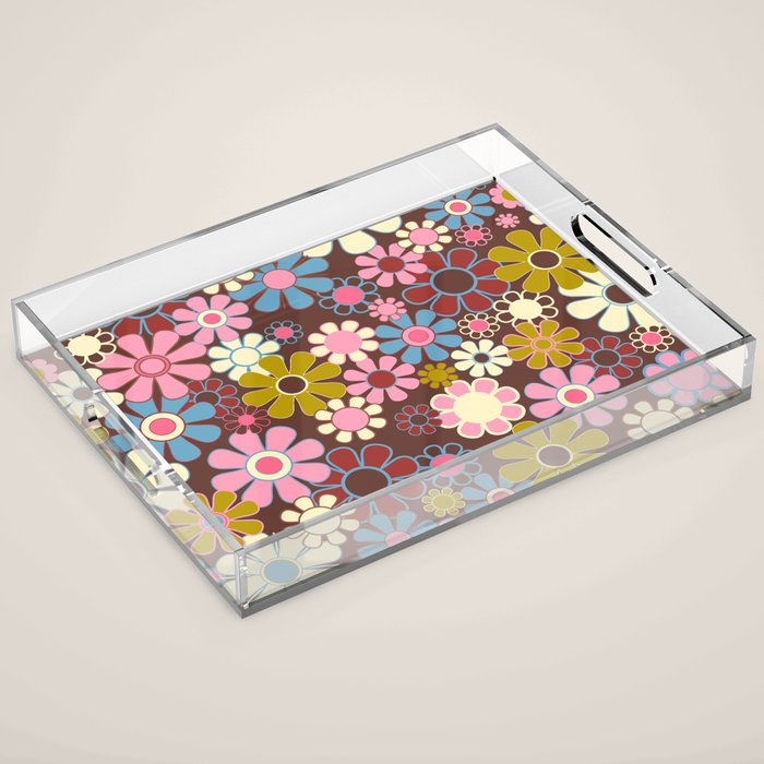 Groovy Retro Garden 60s 70s Eclectic Floral Pattern on Brown Acrylic Tray Gallery Image 1