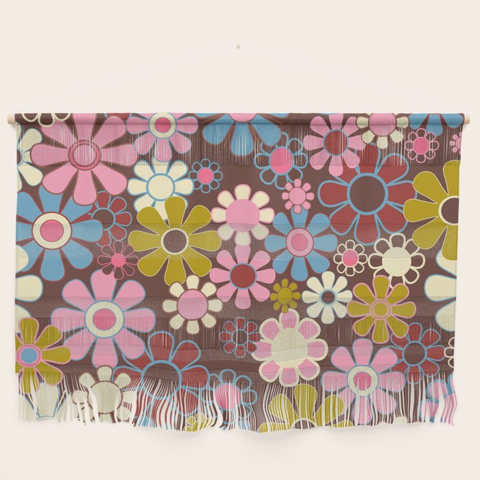 Groovy Retro Garden 60s 70s Eclectic Floral Pattern on Brown Wall Hanging Gallery Image 1