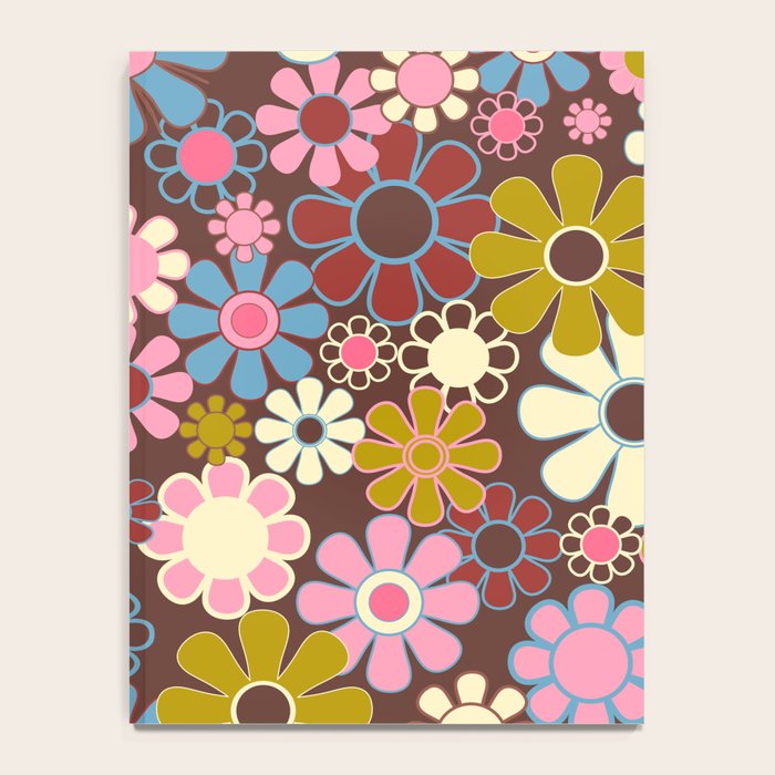 Groovy Retro Garden 60s 70s Eclectic Floral Pattern on Brown Notebook Gallery Image 4