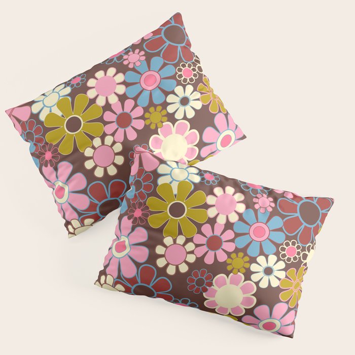 Groovy Retro Garden 60s 70s Eclectic Floral Pattern on Brown Pillow Sham Gallery Image 3