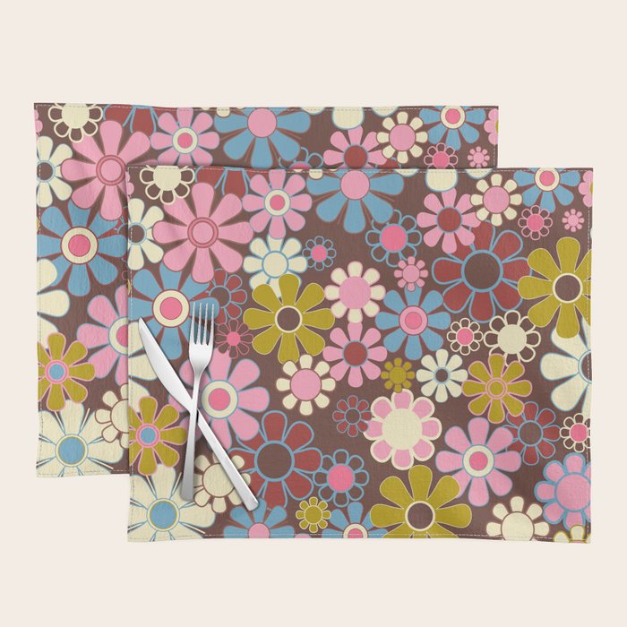 Groovy Retro Garden 60s 70s Eclectic Floral Pattern on Brown Placemat Gallery Image 1