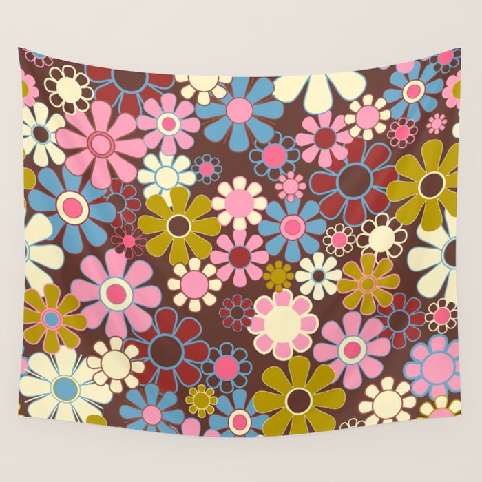 Groovy Retro Garden 60s 70s Eclectic Floral Pattern on Brown Wall Tapestry Gallery Image 1