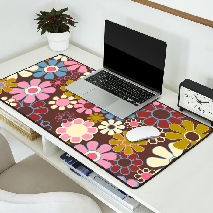 Groovy Retro Garden 60s 70s Eclectic Floral Pattern on Brown Desk Mat Gallery Image 2