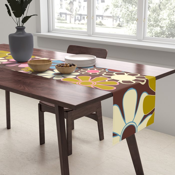 Groovy Retro Garden 60s 70s Eclectic Floral Pattern on Brown Table Runner Gallery Image 2