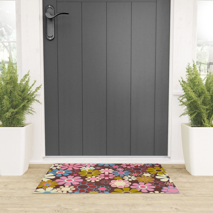 Groovy Retro Garden 60s 70s Eclectic Floral Pattern on Brown Welcome Mat Gallery Image 3