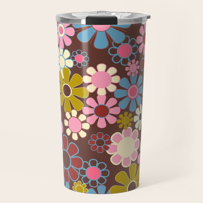 Groovy Retro Garden 60s 70s Eclectic Floral Pattern on Brown Travel Mug Gallery Image 1