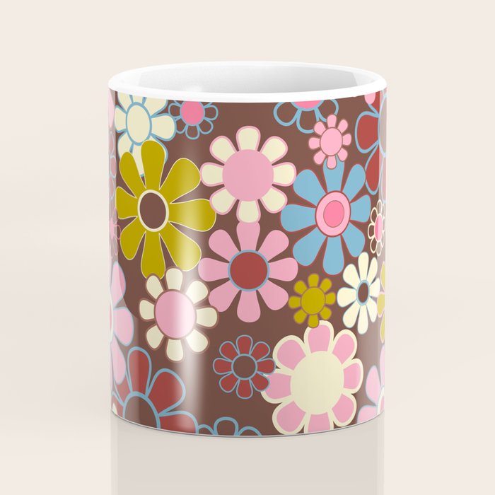 Groovy Retro Garden 60s 70s Eclectic Floral Pattern on Brown Coffee Mug Gallery Image 4
