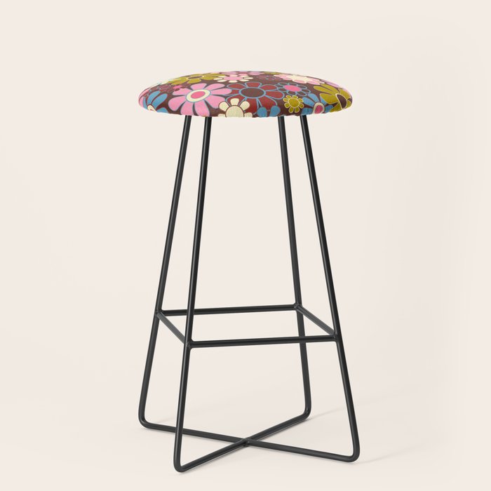 Groovy Retro Garden 60s 70s Eclectic Floral Pattern on Brown Stool Gallery Image 1