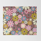 Groovy Retro Garden 60s 70s Eclectic Floral Pattern on Brown Throw Blanket Gallery Image 2