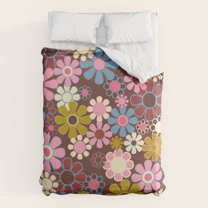 Groovy Retro Garden 60s 70s Eclectic Floral Pattern on Brown Duvet Cover Gallery Image 6
