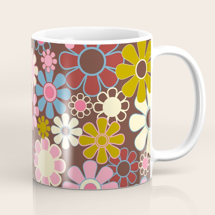 Groovy Retro Garden 60s 70s Eclectic Floral Pattern on Brown Coffee Mug Gallery Image 1