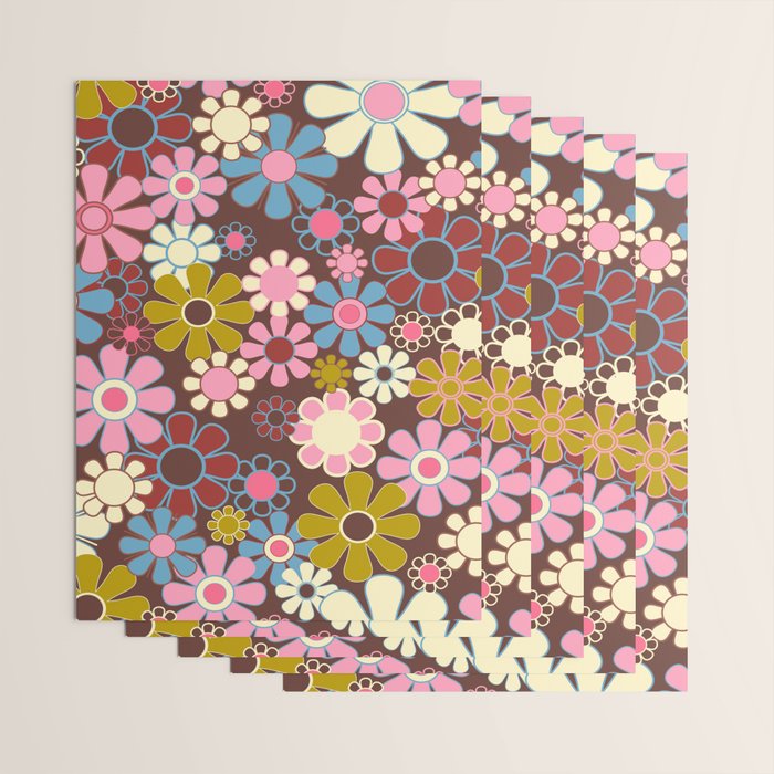 Groovy Retro Garden 60s 70s Eclectic Floral Pattern on Brown Wrapping Paper Gallery Image 3