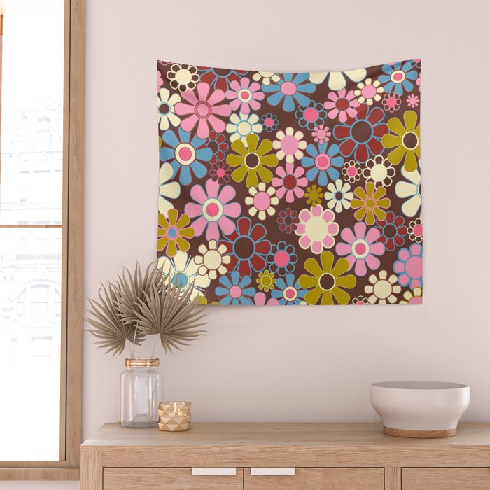 Groovy Retro Garden 60s 70s Eclectic Floral Pattern on Brown Wall Tapestry Gallery Image 2
