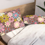 Groovy Retro Garden 60s 70s Eclectic Floral Pattern on Brown Pillow Sham Gallery Image 2