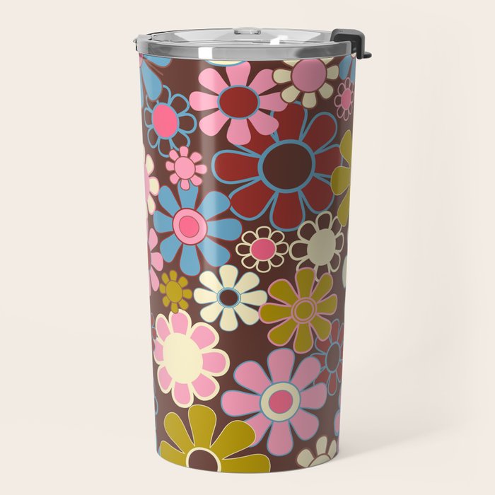Groovy Retro Garden 60s 70s Eclectic Floral Pattern on Brown Travel Mug Gallery Image 2