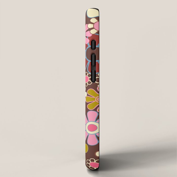 Groovy Retro Garden 60s 70s Eclectic Floral Pattern on Brown iPhone Case Gallery Image 2