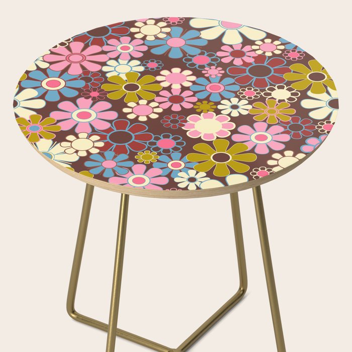 Groovy Retro Garden 60s 70s Eclectic Floral Pattern on Brown Side Table Gallery Image 2