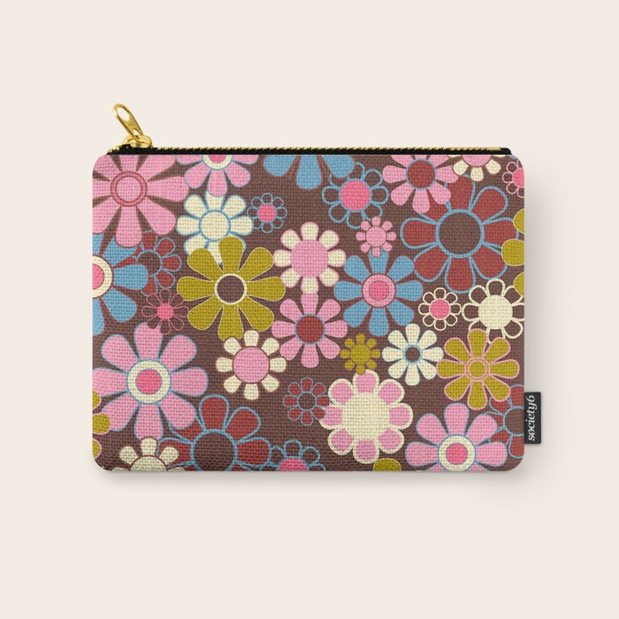 Groovy Retro Garden 60s 70s Eclectic Floral Pattern on Brown Carry All Pouch Gallery Image 1