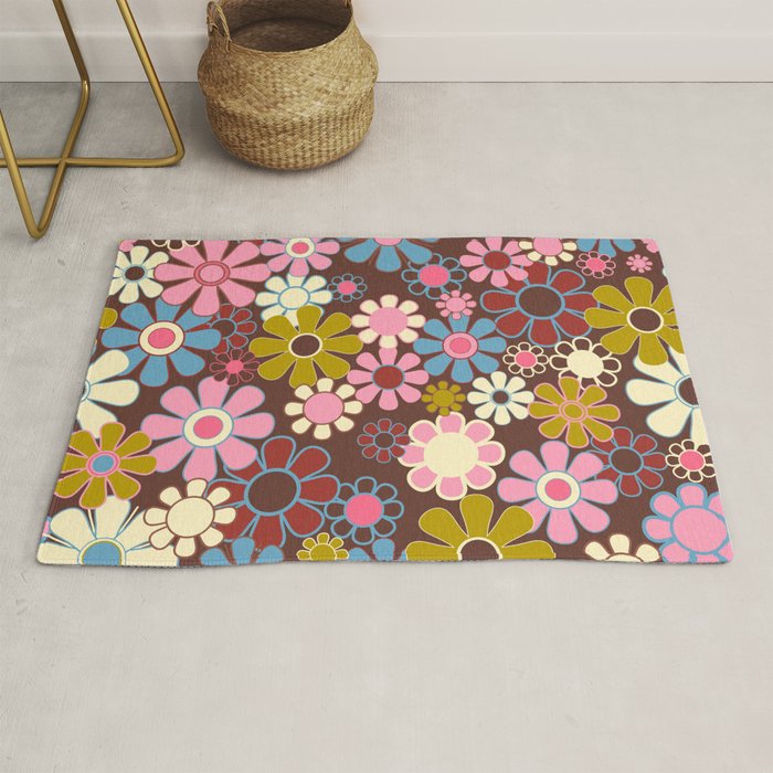 Groovy Retro Garden 60s 70s Eclectic Floral Pattern on Brown Rug Gallery Image 1