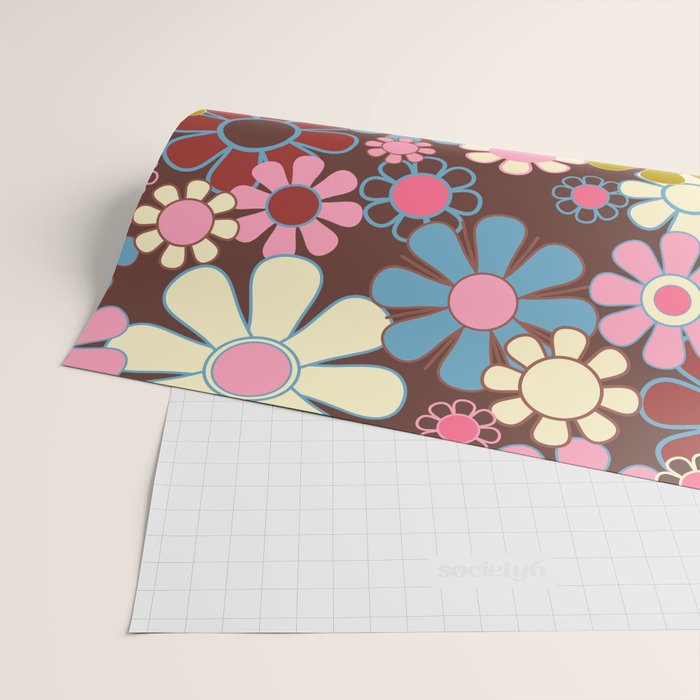 Groovy Retro Garden 60s 70s Eclectic Floral Pattern on Brown Wrapping Paper Gallery Image 2