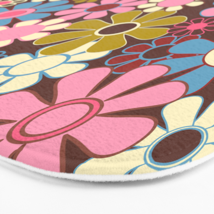Groovy Retro Garden 60s 70s Eclectic Floral Pattern on Brown Bath Mat Gallery Image 3