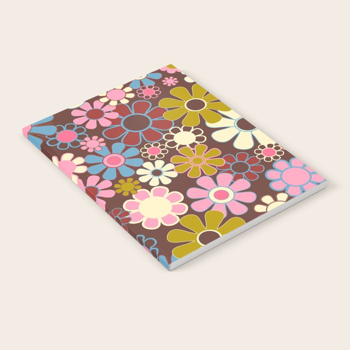 Groovy Retro Garden 60s 70s Eclectic Floral Pattern on Brown Notebook Gallery Image 2