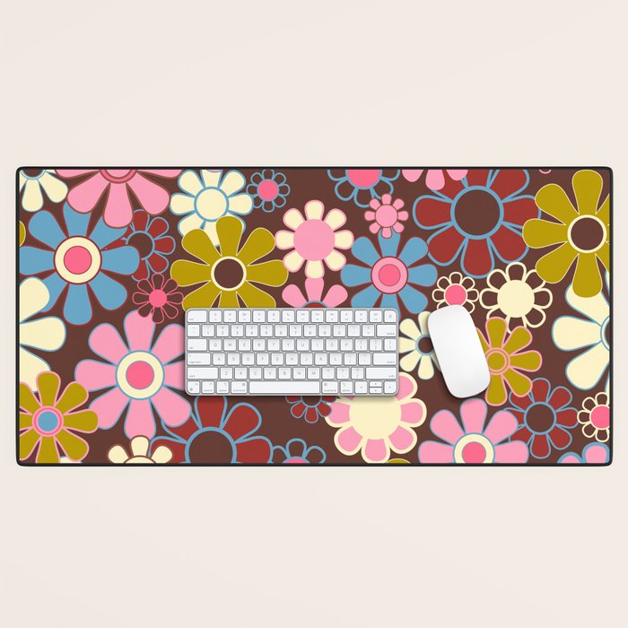 Groovy Retro Garden 60s 70s Eclectic Floral Pattern on Brown Desk Mat Gallery Image 1