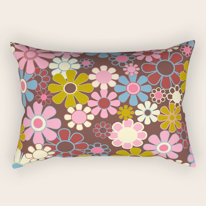 Groovy Retro Garden 60s 70s Eclectic Floral Pattern on Brown Rectangular Pillow Gallery Image 2